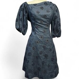 Figue Slate Blue Linen Eyelet Puff Sleeve Dress Size 6